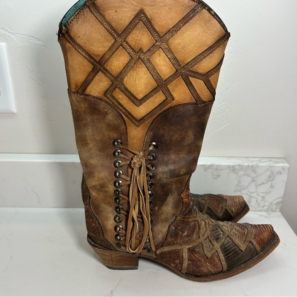 Women’s Corral Honey Lizard Laser Overlay and Lace Up Boots 9M Snip Toe Zip - Picture 6 of 12